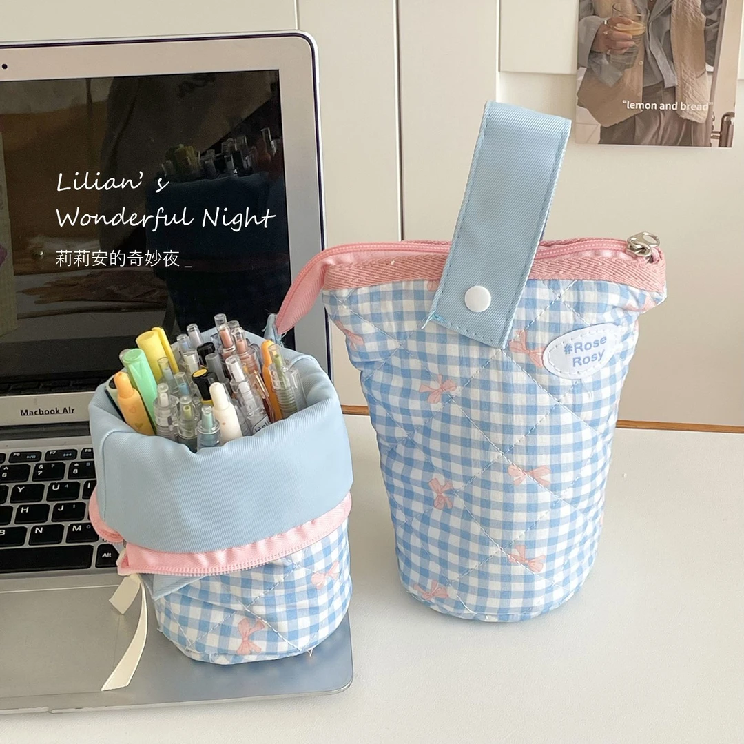 莉莉安格子蝴蝶结圆筒笔袋原创多巴胺撞色格纹笔筒可折叠便携笔盒