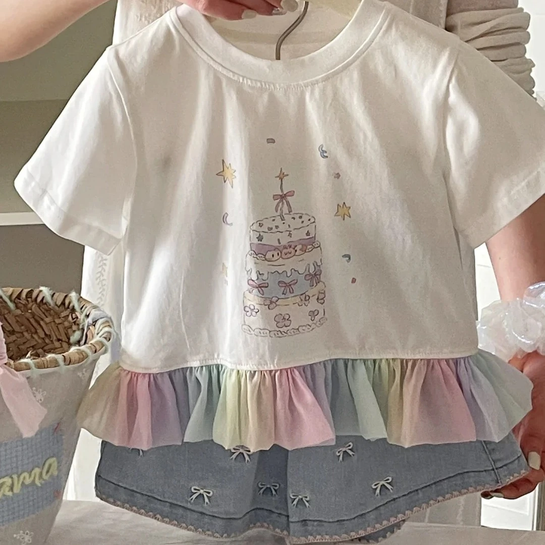 苏you  夏季女童时尚拼接彩虹边上衣t恤