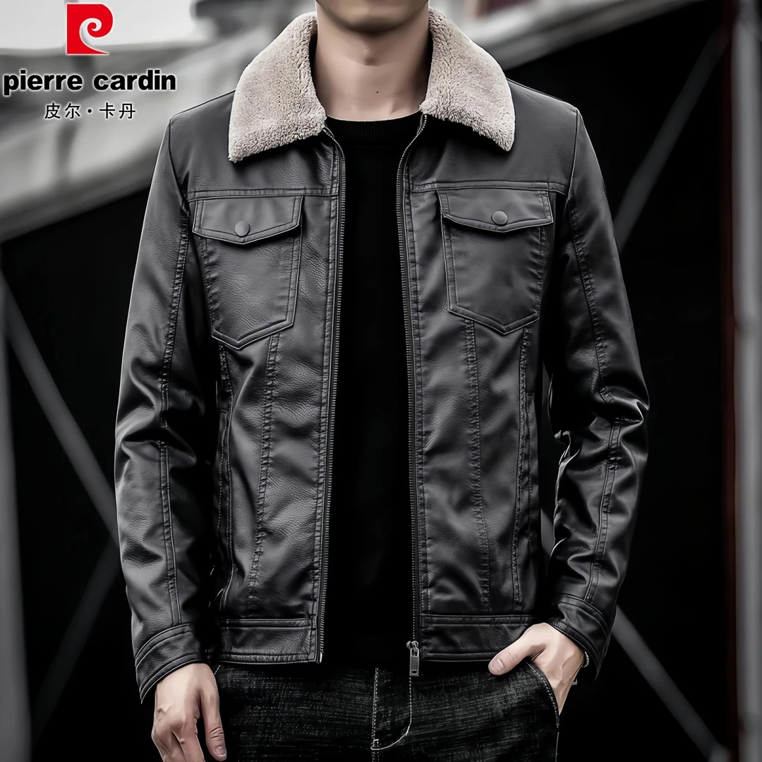 皮尔卡丹时尚毛领加厚保暖皮夹克男士秋冬季商务休闲轻奢皮衣外套