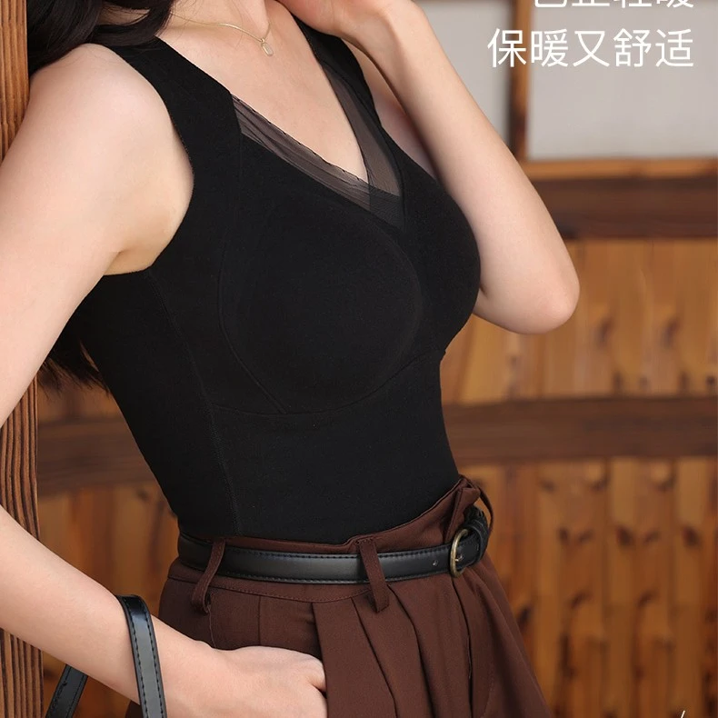 石墨烯磨毛保暖背心女秋冬修身文胸一体打底内衣