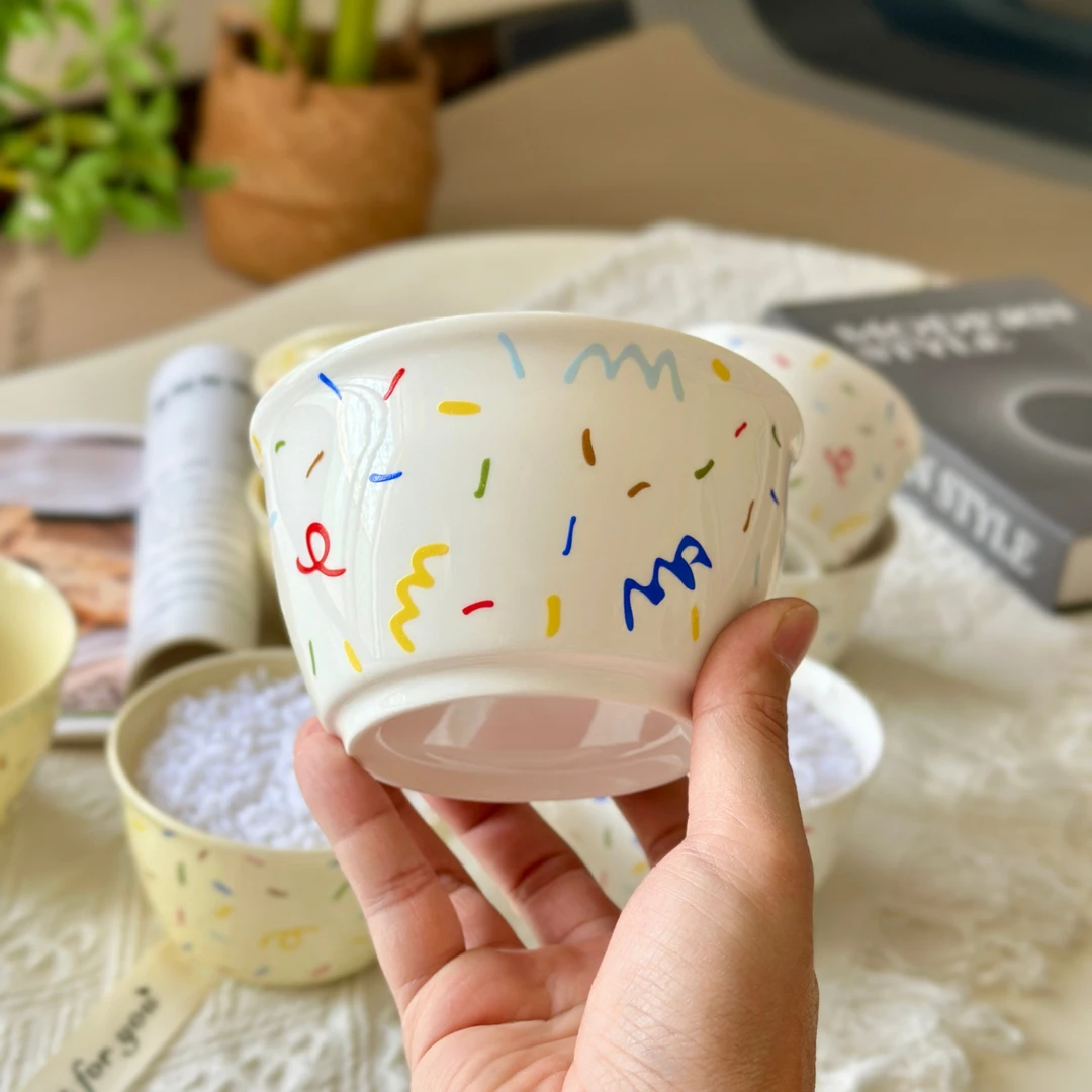 ins彩色糖针1碗创意米饭碗家用陶瓷餐具4.5英寸加厚吃饭碗陶瓷碗