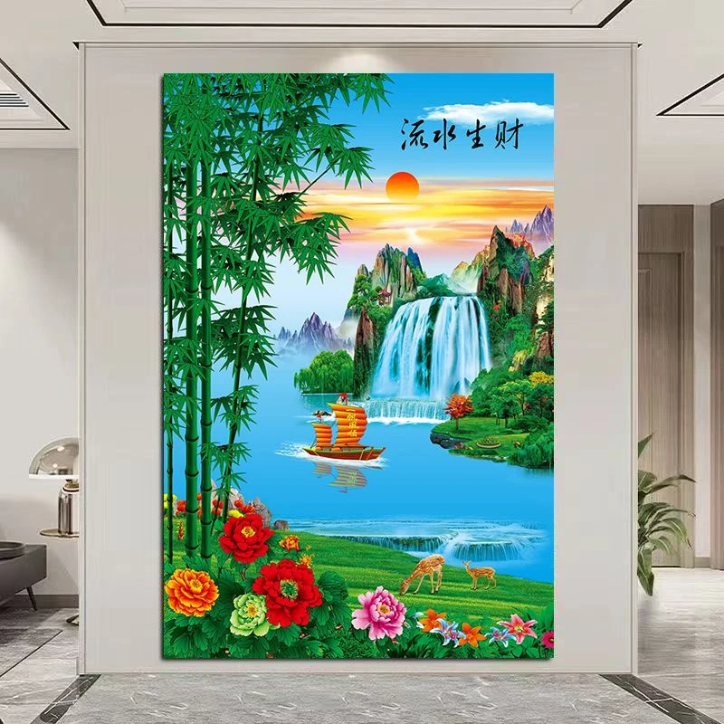 流水生财山水风景画一帆风顺招财流水画自粘玄关贴画客厅墙装饰画