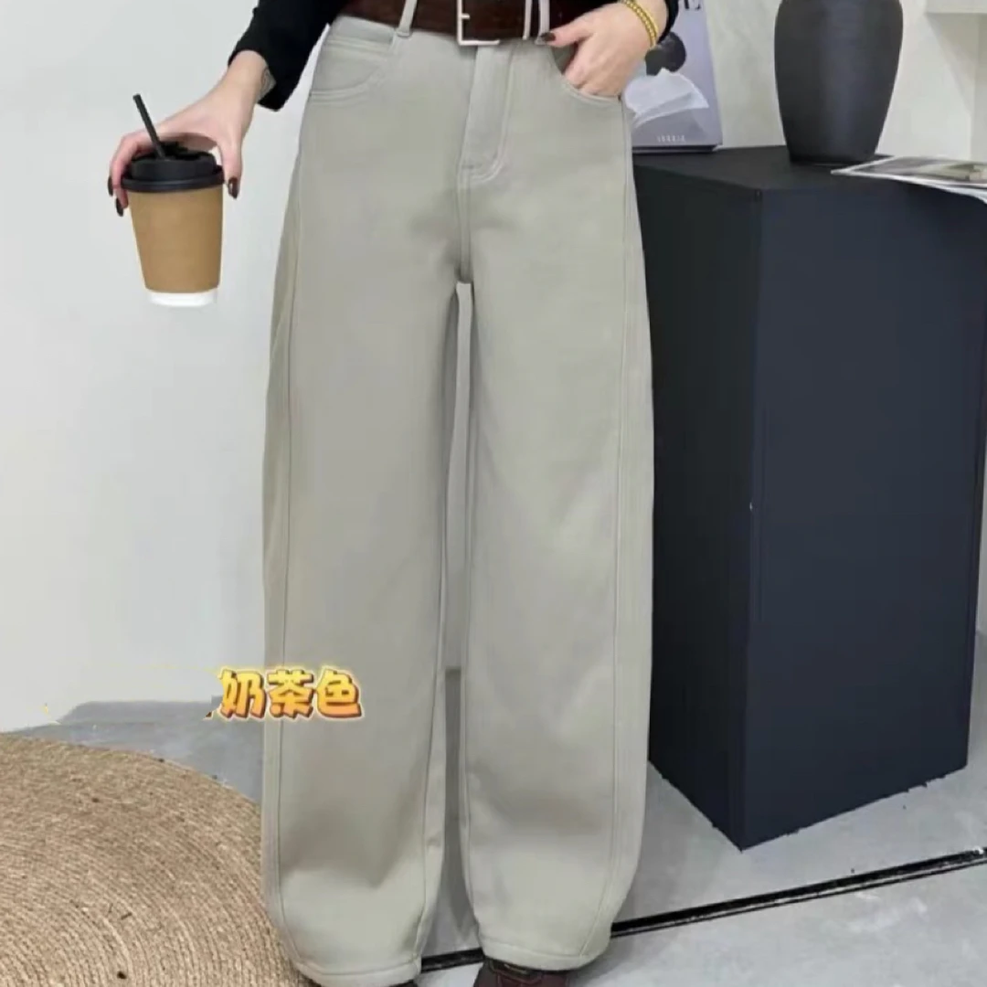 薇莎6723【现货】弹力加绒奶茶色弯刀水洗牛仔裤