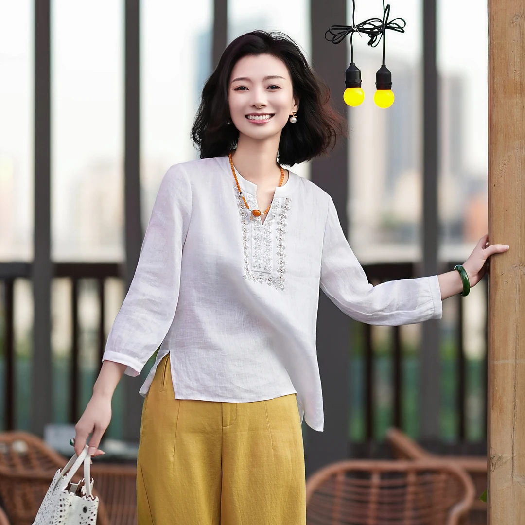 西子/【椰岛白衫】100%亚麻波西米亚手工钉珠防晒白色上衣/SYTJ300