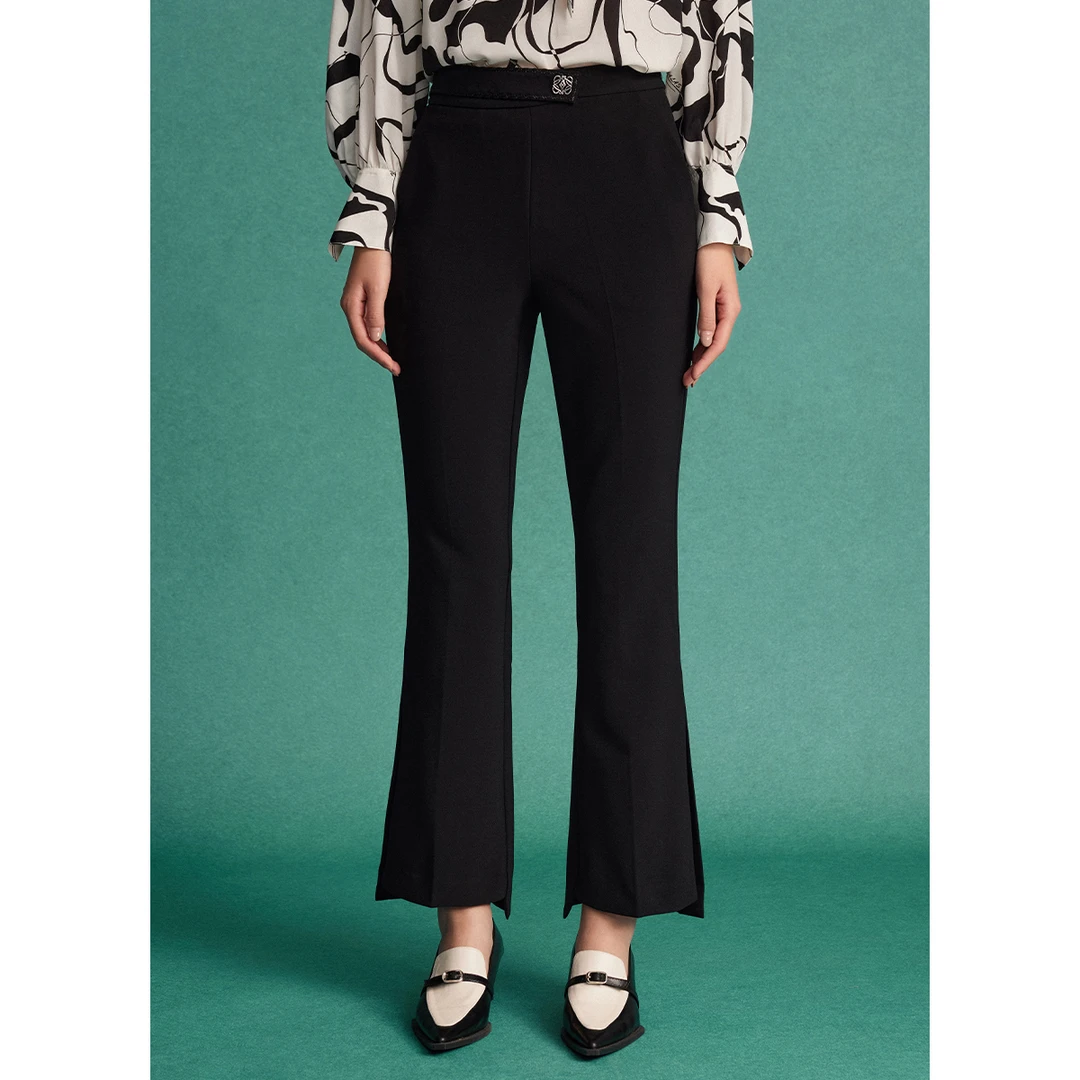 【羊羊专属】曼德诗黑色喇叭裤2023春修身显瘦休闲长裤M102303010