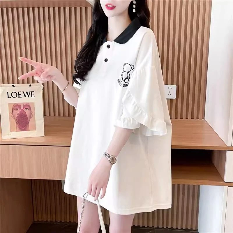 纯棉中长款Polo领短袖T恤女2025新款爆款夏季宽松高级感洋气衣服