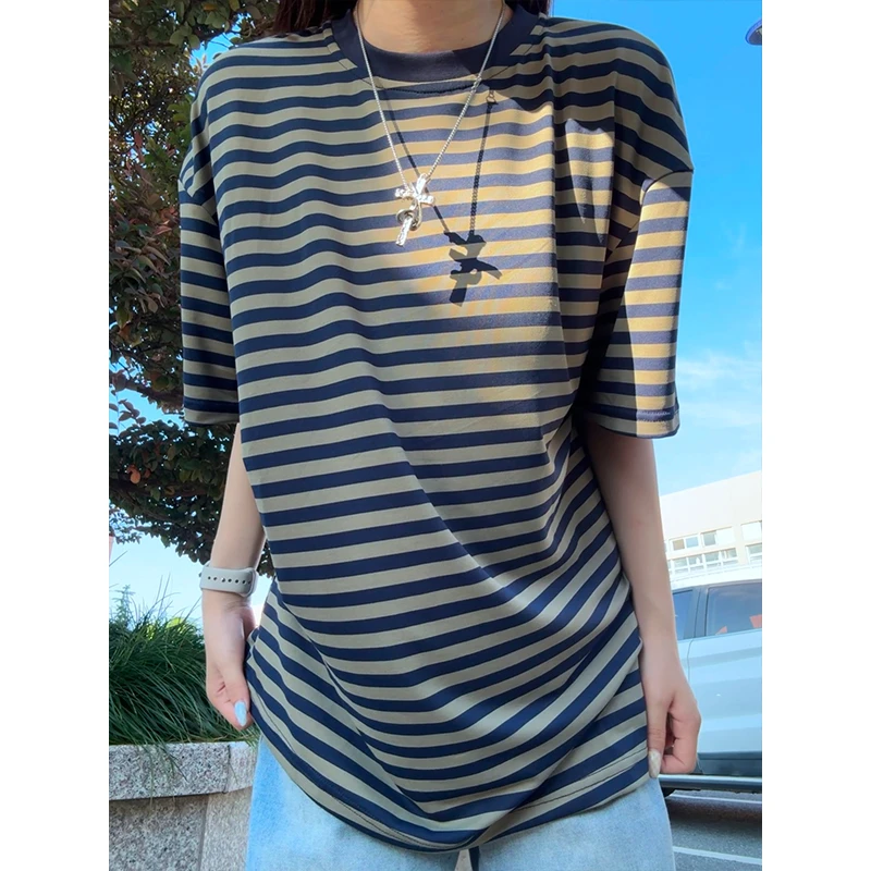 美式复古cleanfit条纹短袖男款冰丝圆领T恤休闲宽松oversize上衣