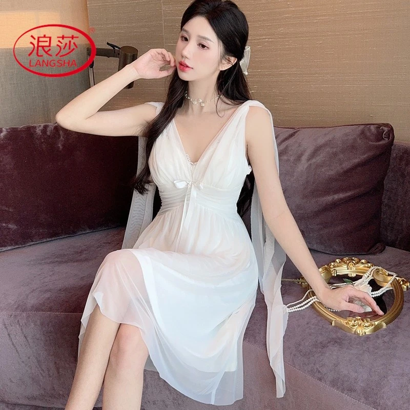 浪莎带胸垫性感睡衣网纱吊带睡裙夏季新款美背睡衣家居服吊带裙