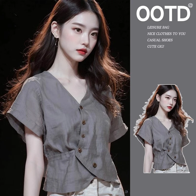 法式轻奢v领减龄短袖衬衫女设计感小众别致漂亮小衫短款绝美上衣