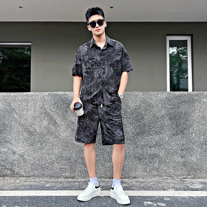 新中式国风时尚套装男夏季短袖衬衫搭配五分短裤潮流破洞男装一套