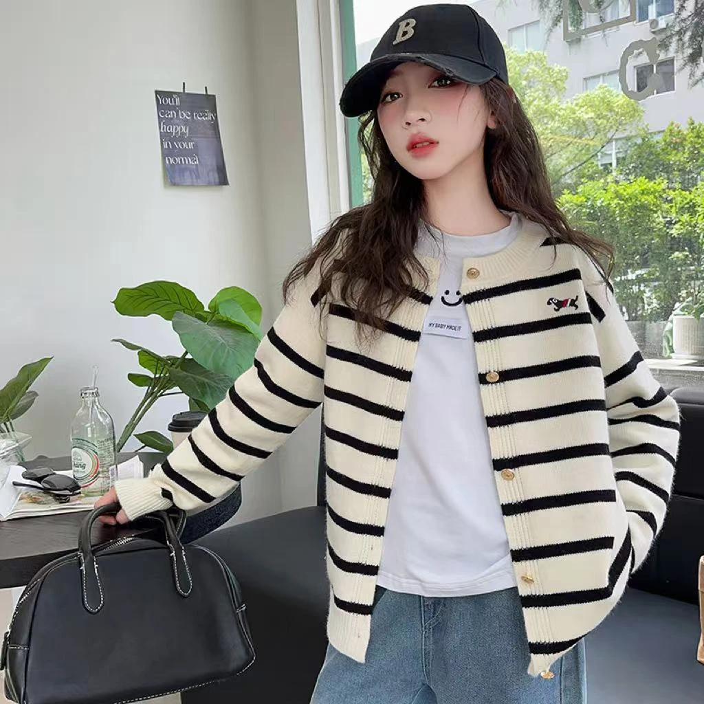 儿童秋装外套春秋款2025新款女童毛衣大童洋气条纹针织开衫上衣潮