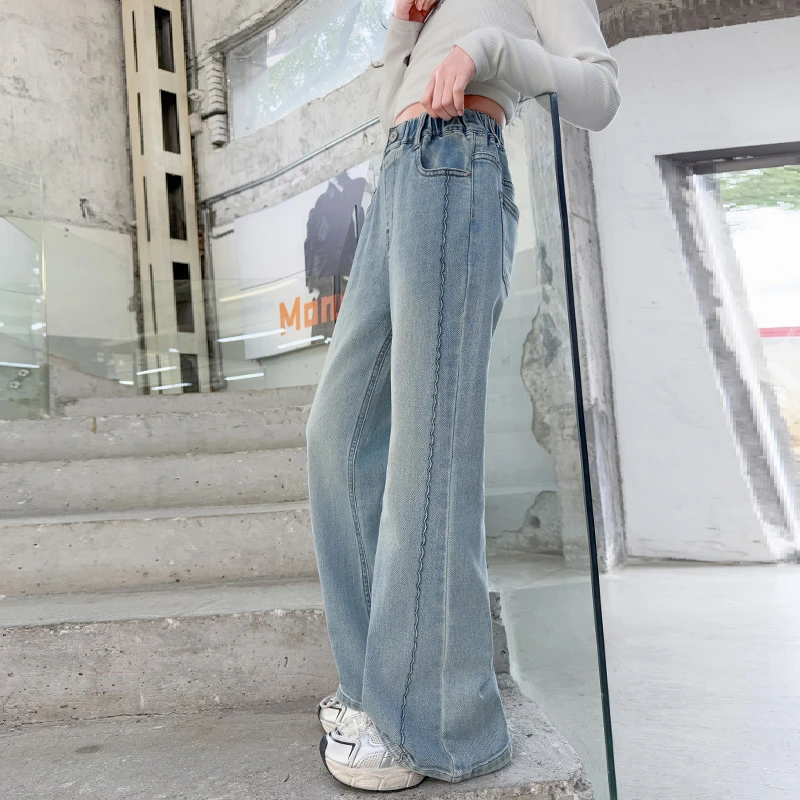 女童牛仔裤侧缝麻花时尚显瘦2025新款中大童微喇裤春秋洋气喇叭裤