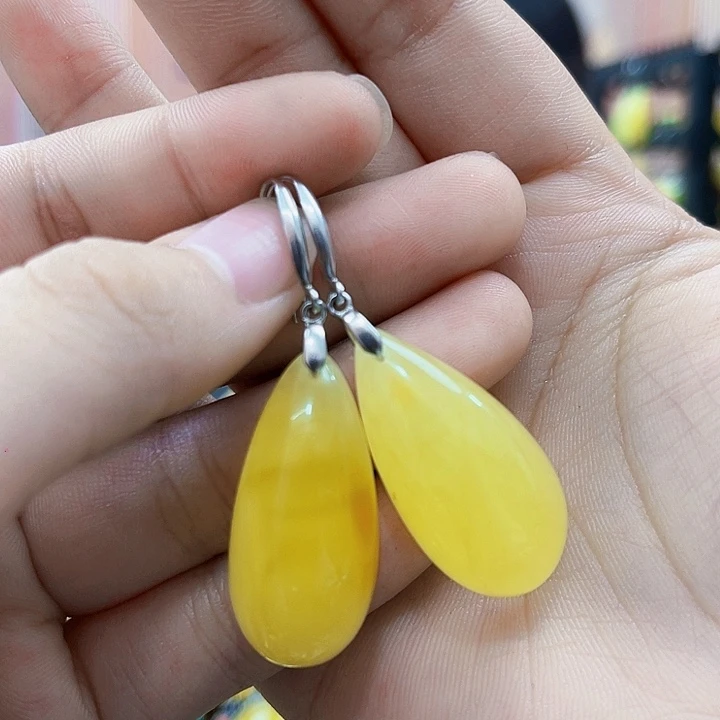 蜜蜡银S925镶嵌裸石耳环