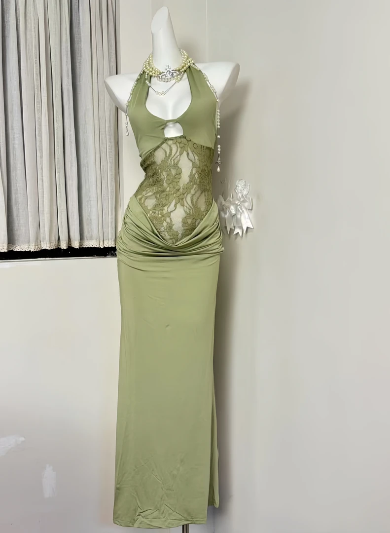 「4FMoon」法式拼蕾丝连衣裙小众收腰显身材露背修身挂脖网纱长裙