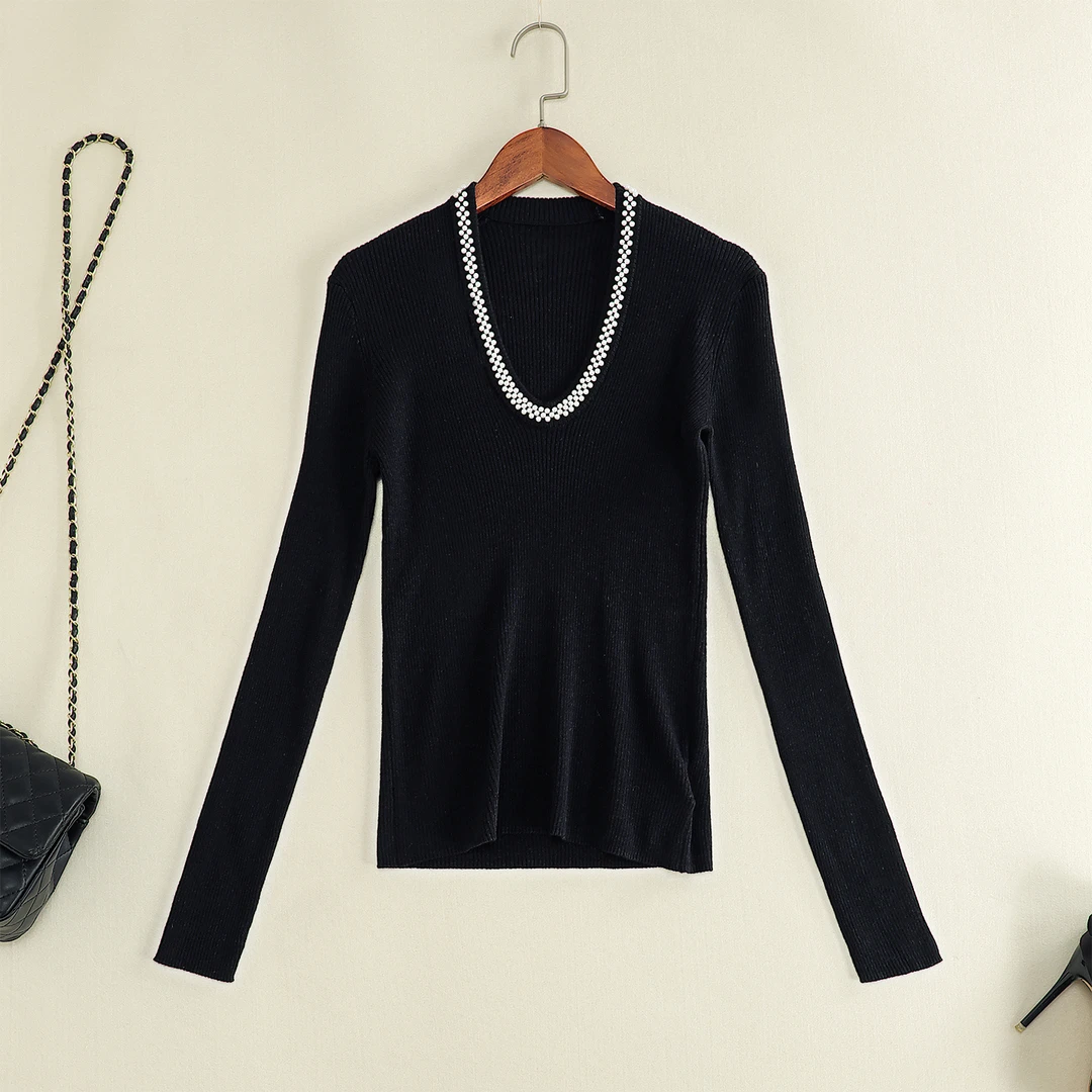 法式时尚绵羊毛打底衫女秋冬季U型领珍珠修身弹力长袖打底针织衫