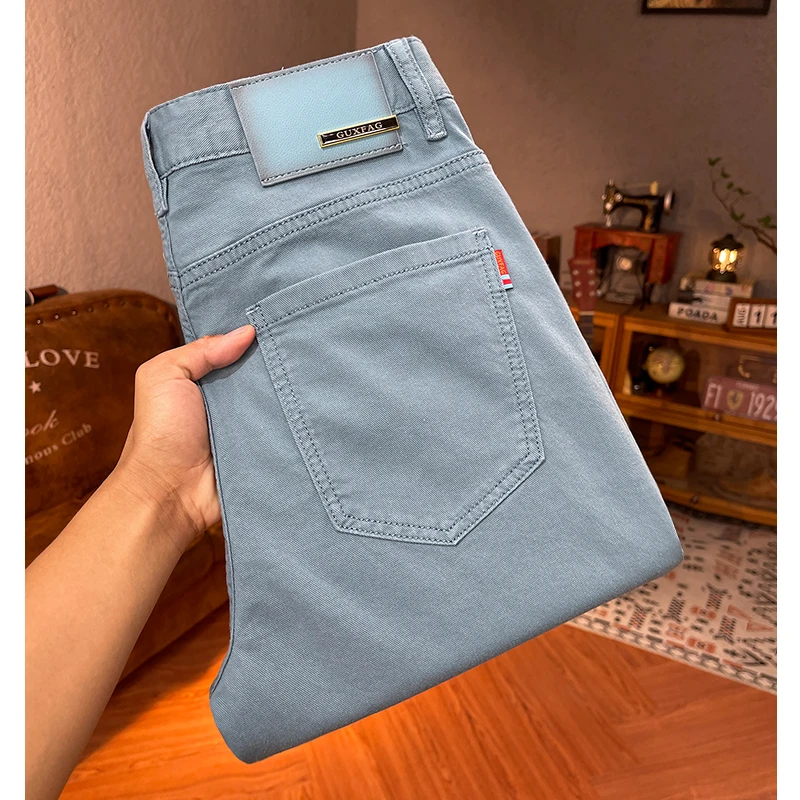 夏季薄款烟雨蓝高品质男士九分牛仔裤百搭休闲长裤弹力修身小脚裤