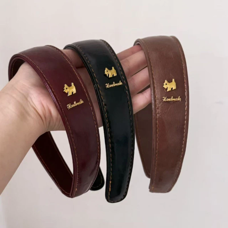 复古皮质美拉德小狗宽边发箍女新款高级感日常百搭高颅顶头箍发饰