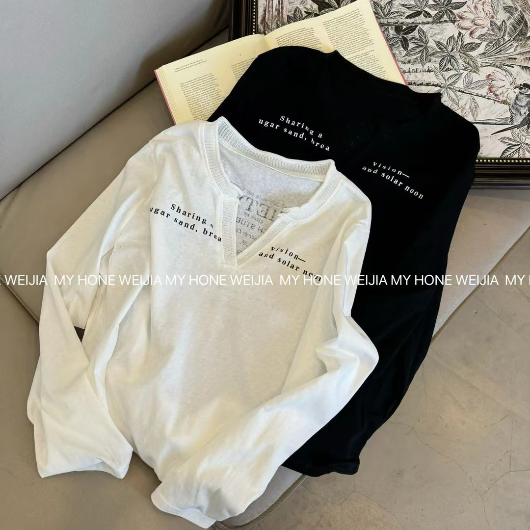 【WJ】春款 高 31968  柔软亲肤两色字母印花V领长袖上衣（3-6）