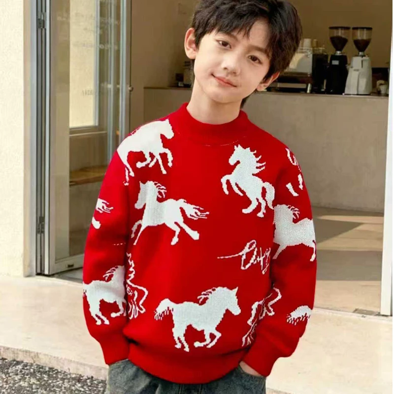 马年贺岁儿童毛衣2026马年喜庆中大童秋冬款圆领宽松打底针织衫潮