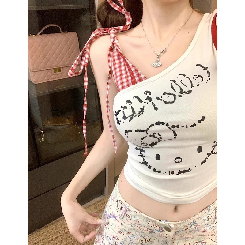 带胸垫拼接kitty斜肩背心T恤女夏季设计感小众露肩短款上衣