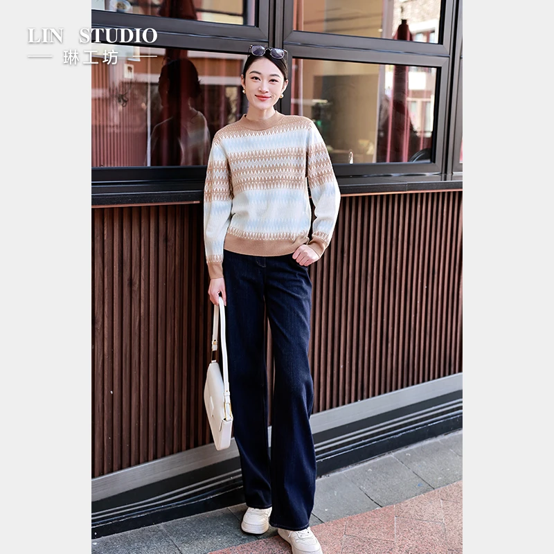 【100%山羊绒】琳工坊“木阴”沙土棕色针织衫费尔岛休闲优雅唐琳设计