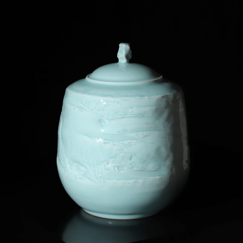 森野龙纹汝窑茶器卢伟孙山水清音大盖罐手绘纯手工天青色陶瓷茶具