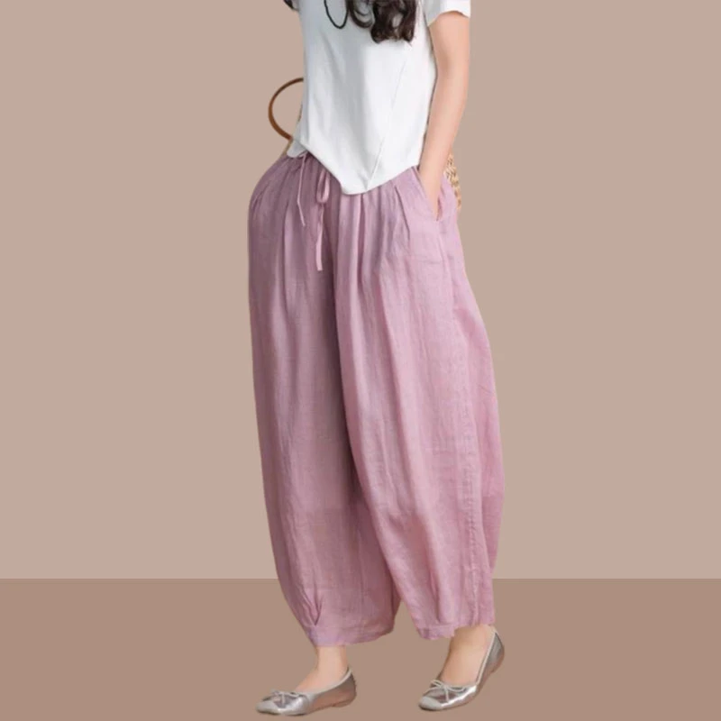 2025春夏时尚新款文艺复古纯色亚麻灯笼裤宽松显瘦休闲双层九分裤