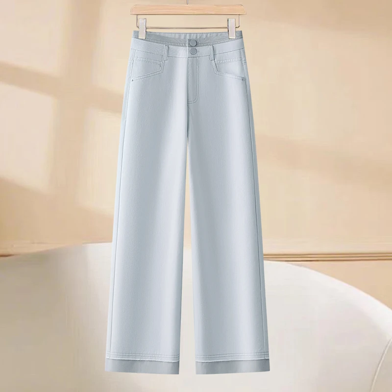 水洗棉撞色九分阔腿休闲牛仔裤女2025新款高腰显瘦薄款窄版直筒裤