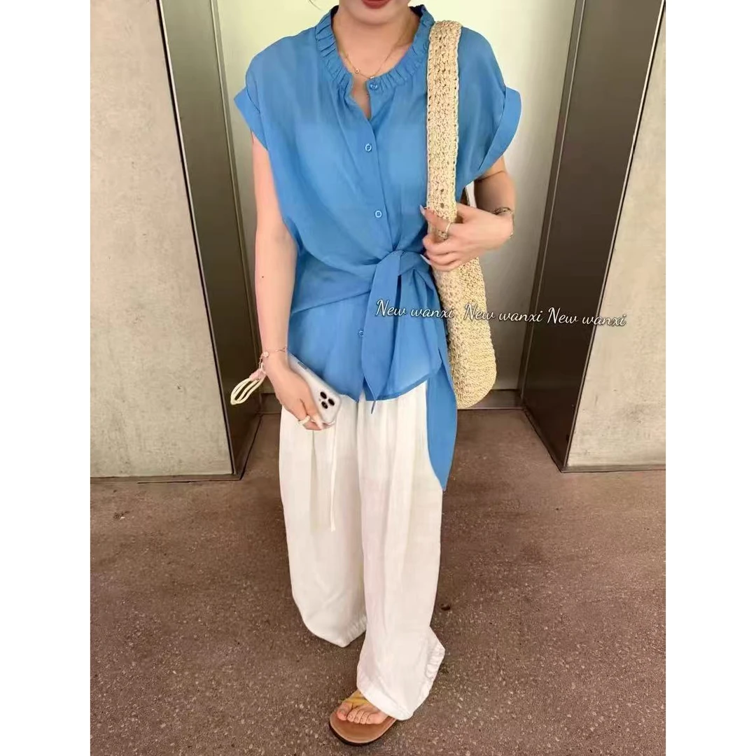 无印心匠K363 绑带收腰衬衫+白色阔腿裤&韩系 两件套女 D25781-1