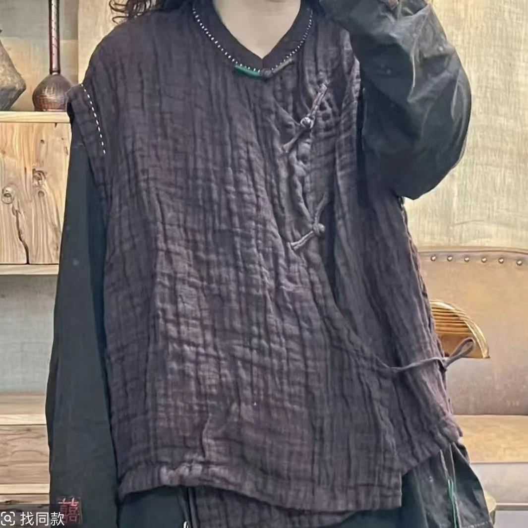 FF 8618 秋季新品皱麻休闲百搭文艺系绳女士马夹 胸围126长63