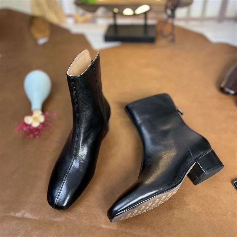 【水洗马皮】时尚粗跟靴子短靴高跟方头头真皮女靴中跟秋冬复古