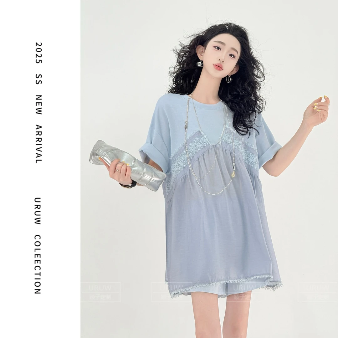 颖子定制【风铃日记】蕾丝花边拼接短袖上衣女夏季设计感T恤 9553