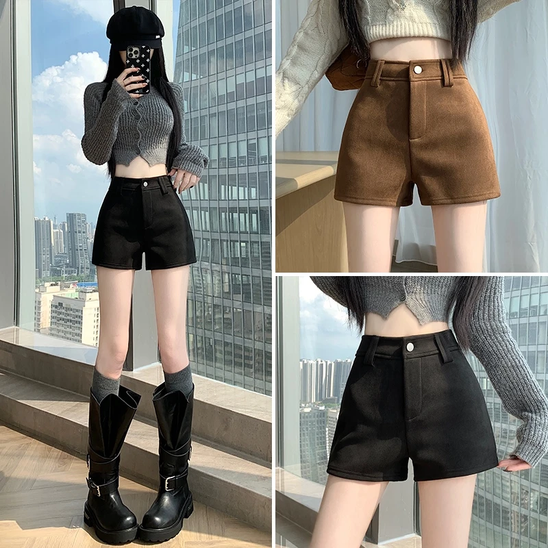 9108秋冬新款鹿皮绒黑色包臀A字短裤高腰显瘦热裤外穿小个子女装