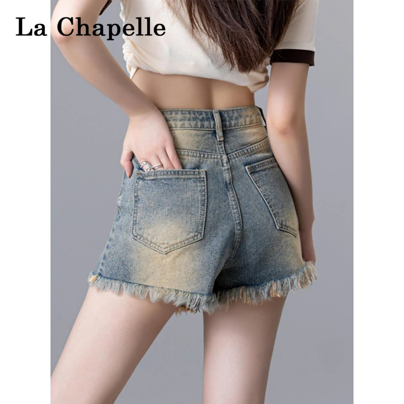拉夏贝尔复古高腰牛仔短裤女夏季薄款美式做旧毛边a字辣妹直筒裤