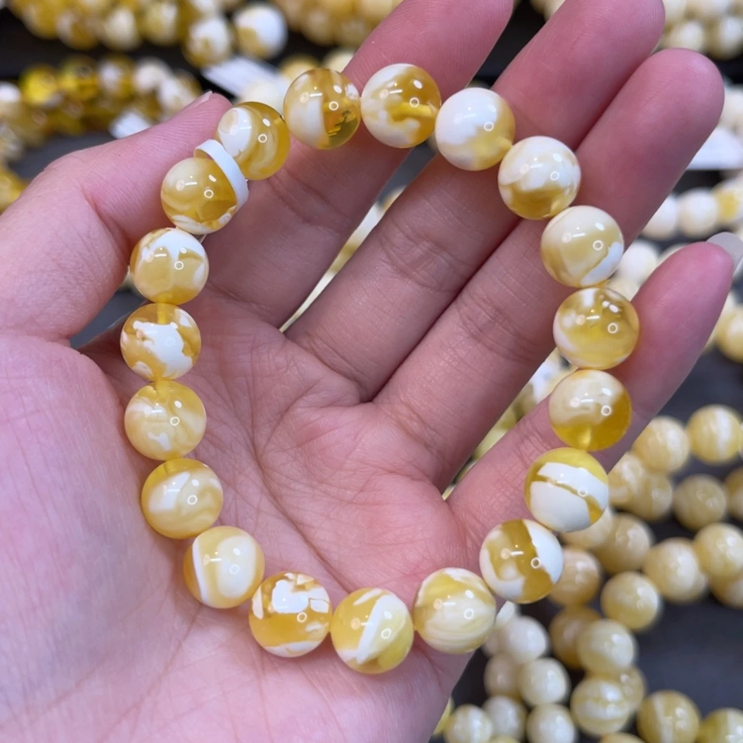 蜜蜡未镶嵌手链10mm金瓷白溶洞妖花