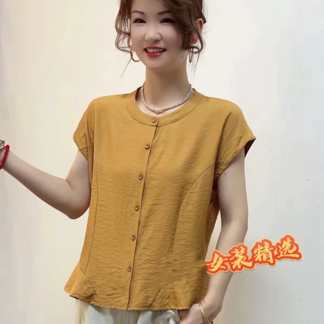 新款夏季圆领纯色休闲T恤衬衫显瘦减龄百搭复古气质女士薄款上衣