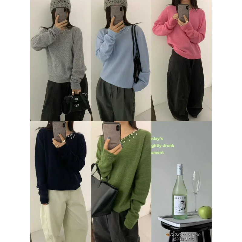 秋季新款镂空钉珠设计长袖套头针织衫S104