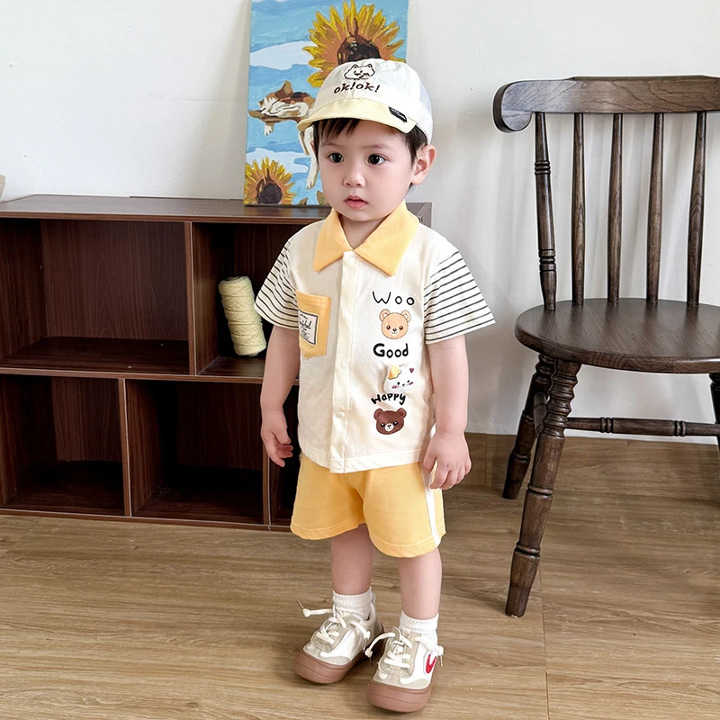 婴儿衣服夏季纯棉2件套薄款男宝宝夏装无骨短袖分体套装外出服