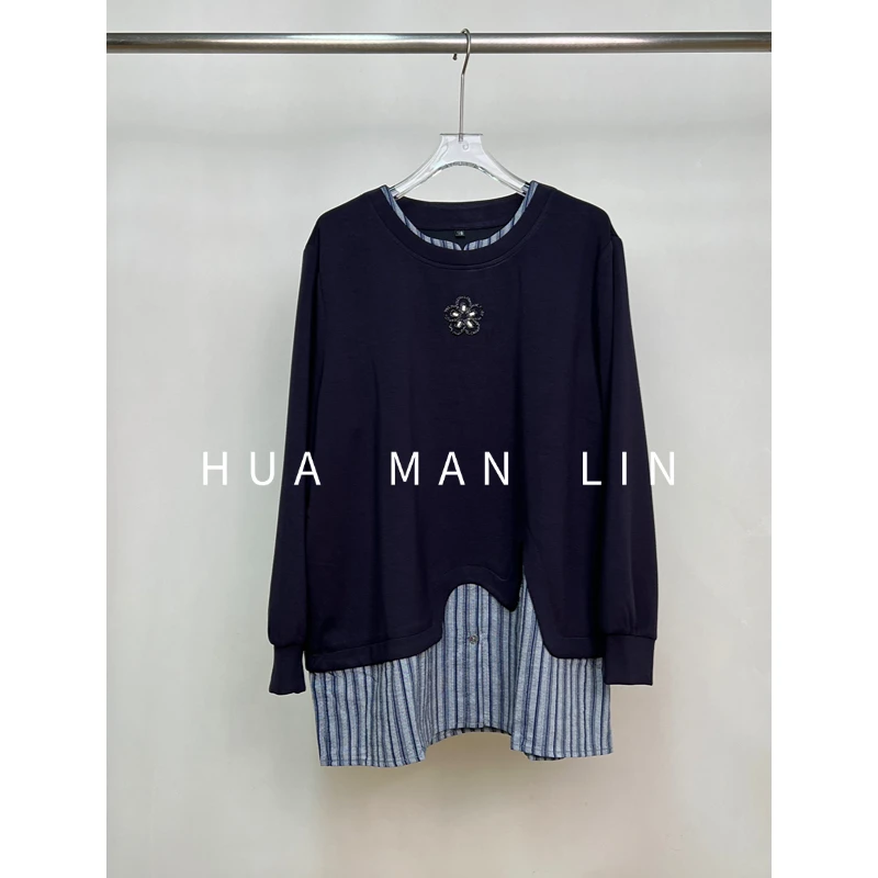 【花满林】圆领钉珠花朵下摆拼接条纹上衣66801