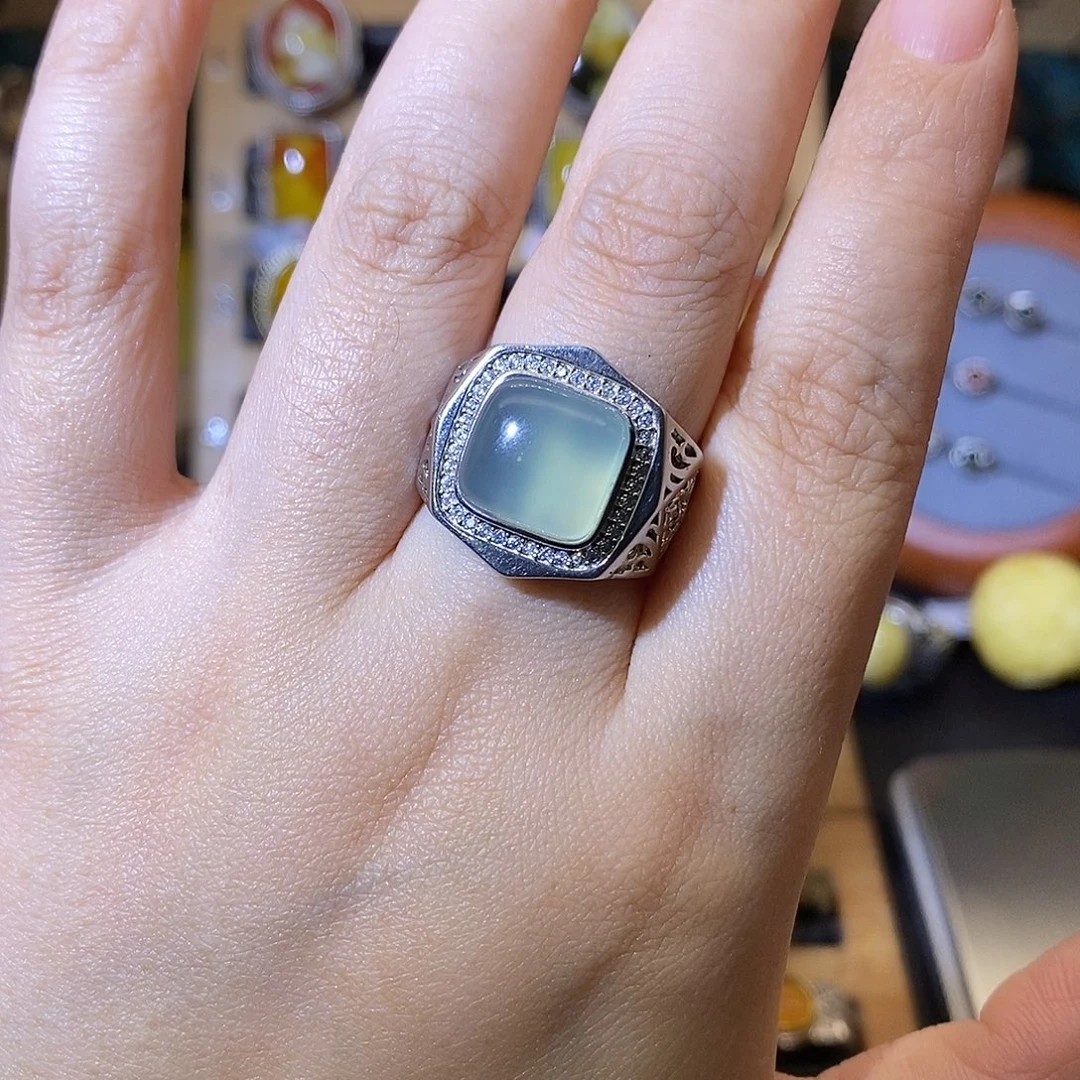 白***师蛇纹石玉银S925镶嵌戒指