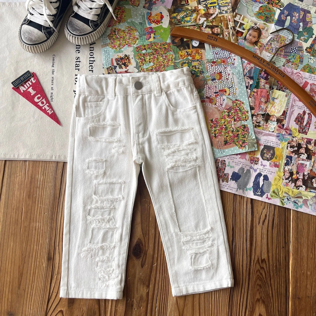 【现货】小童日系童装夏季儿童女童破洞款白裤子白色长裤直筒裤宝宝