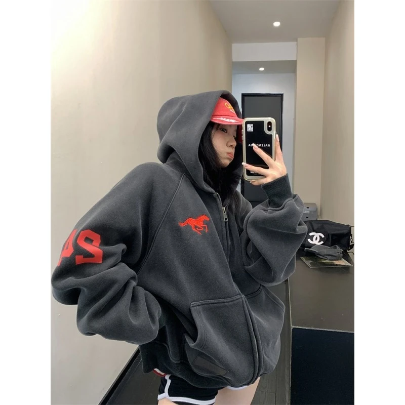 300斤加大码时尚宽松潮牌连帽卫衣男女秋冬美式上衣加绒加厚外套2