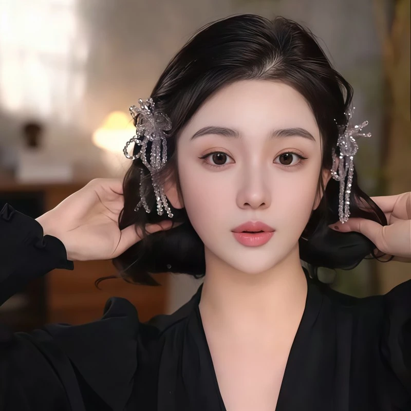 轻奢重工超仙水晶串珠流苏抓夹精致温柔敲仙百搭半扎发夹盘发夹