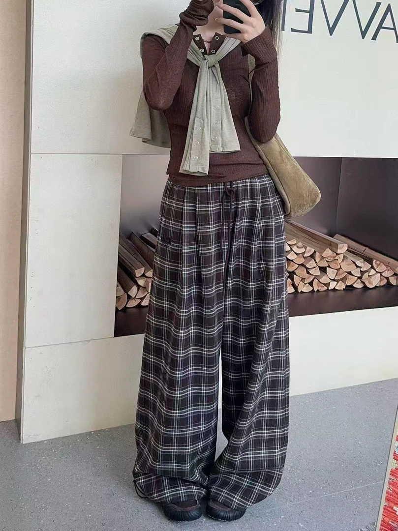 亲妈~2025冬季新款设计师款格纹裤加厚磨毛直筒显瘦直筒裤
