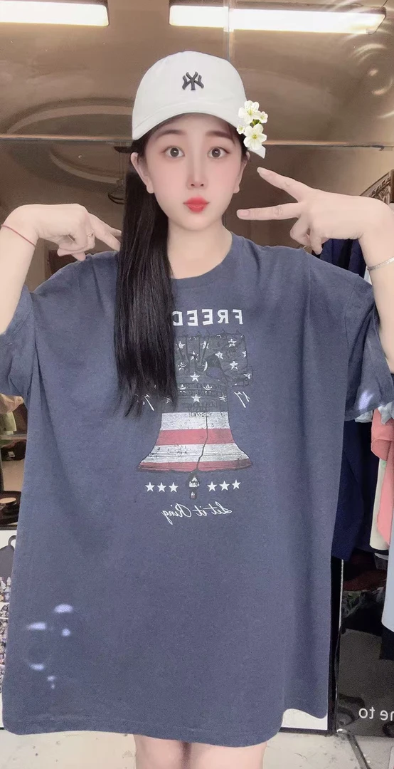 外贸纯棉特体大码T恤灰蓝色FREE