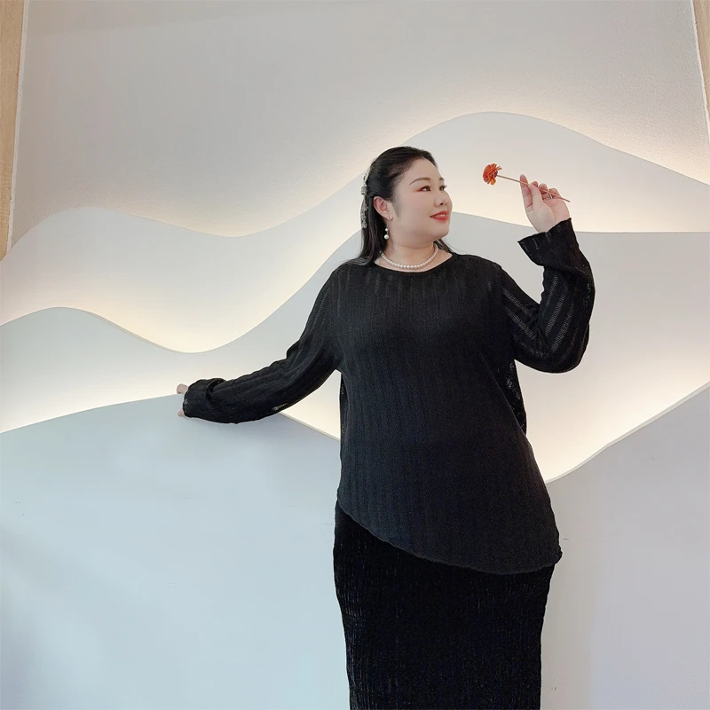 别格秀大码圆领百搭针织衫宽松显瘦不规则网红打底衫长袖微胖上衣