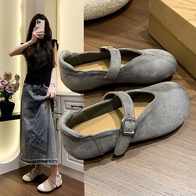 2025夏秋新款勃肯皮带扣平底女鞋浅口玛丽珍鞋女单鞋奶奶鞋豆豆鞋