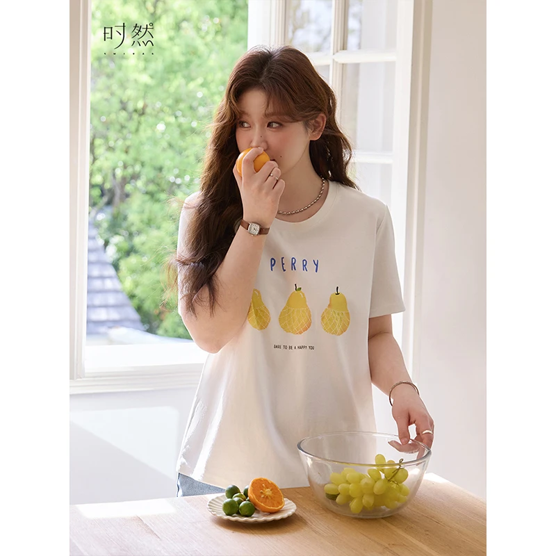 时然【梨想夏日】微胖大码女装夏季水果印花显瘦百搭短袖设计感T恤