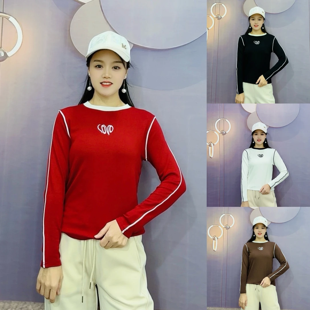 加绒新款拼色设计圆领长TH.2009百搭秋冬休闲时尚修身显瘦长袖