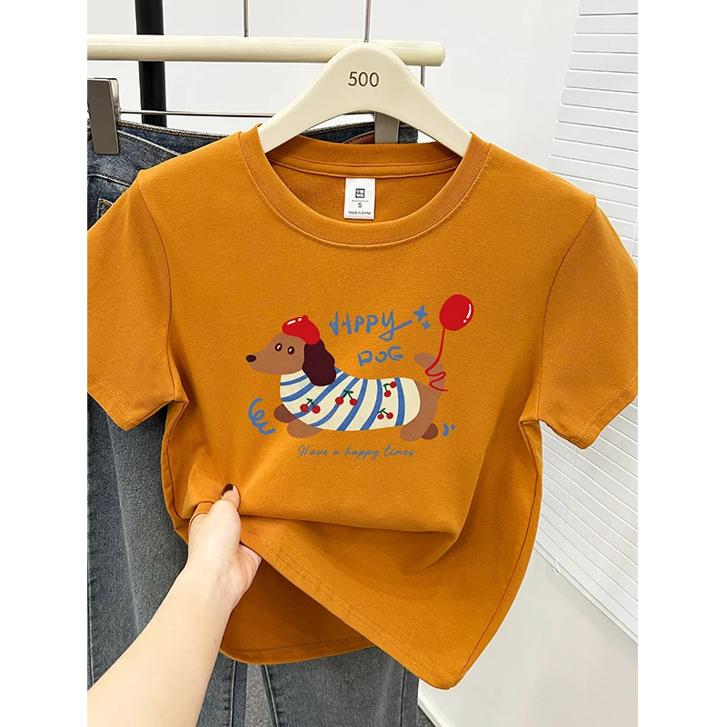 大码洋气小狗圆领正肩短袖t恤女夏季新款胖mm遮肚子显瘦半袖上衣